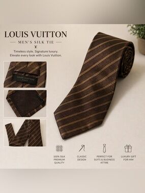 Louis Vuitton Men’s Silk Tie Brown Gold Stripe Classic Designer Tie- flaws as is